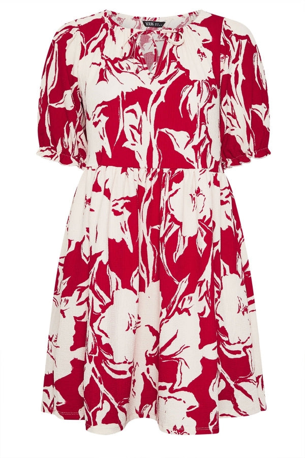 Büyük Beden Yakası Bağlamalı Çiçek Desenli Bürümcük Kumaş Diz Üstü Elbise 304113 Vervegrand