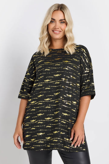 Büyük Beden Kısa Kollu Bisiklet Yaka Baskılı Yırtmaçlı Uzun T-shirt 303664 Vervegrand