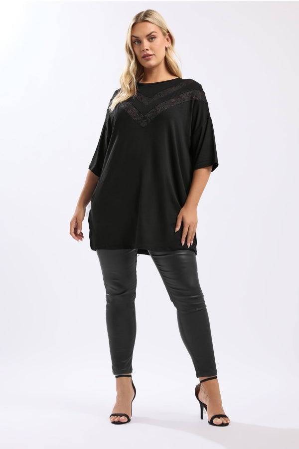 Büyük Beden Kısa Kollu V Yaka Dantel Detaylı Yırtmaçlı Uzun T-shirt 322971 Vervegrand