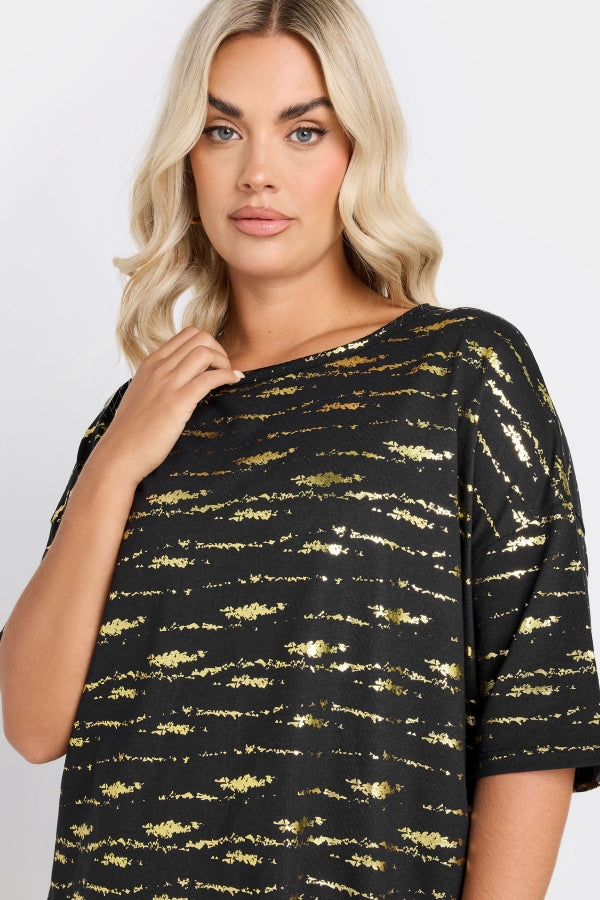 Büyük Beden Kısa Kollu Bisiklet Yaka Baskılı Yırtmaçlı Uzun T-shirt 303664 Vervegrand
