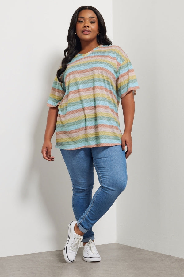 Büyük Beden V Yaka Çizgili Zebra Desenli T-shirt 303953 T-shirt Vervegrand