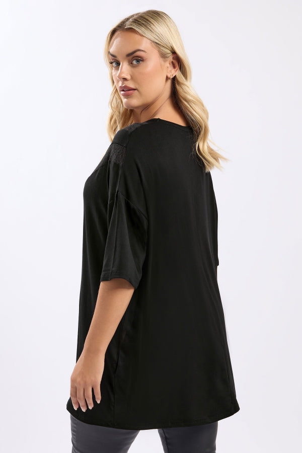 Büyük Beden Kısa Kollu V Yaka Dantel Detaylı Yırtmaçlı Uzun T-shirt 322971 Vervegrand