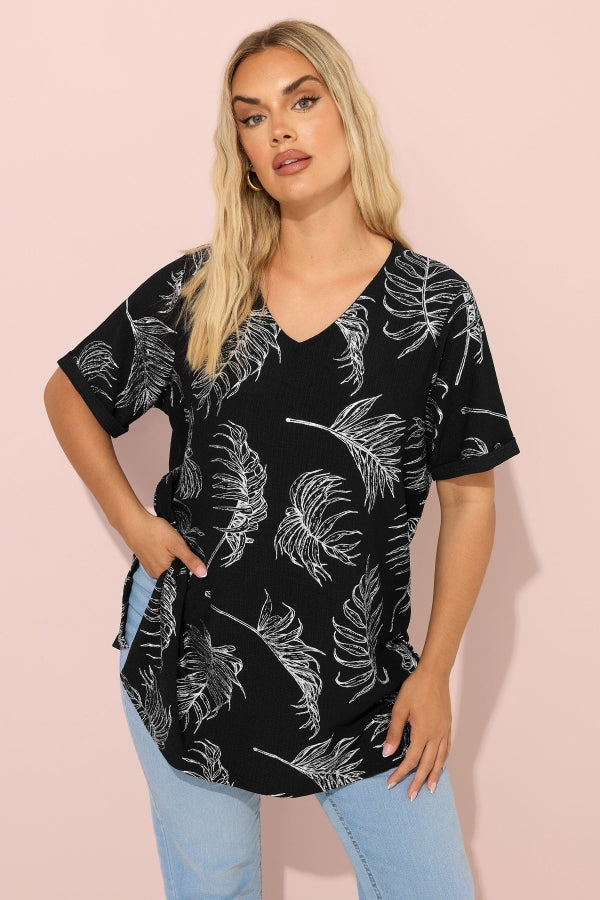 Büyük Beden Kısa Kollu Bisiklet Yaka Baskılı Yırtmaçlı Uzun T-shirt 303780 Vervegrand