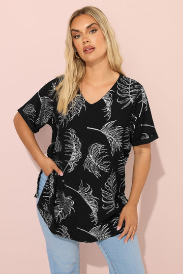 Büyük Beden Kısa Kollu Bisiklet Yaka Baskılı Yırtmaçlı Uzun T-shirt 303780 Vervegrand