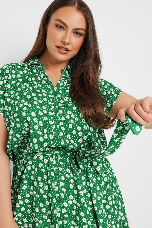 Büyük Beden Polo Yaka Kısa Kollu Çiçek Desenli Düğme Detaylı Kuşaklı Elbise 303328 Elbise Vervegrand