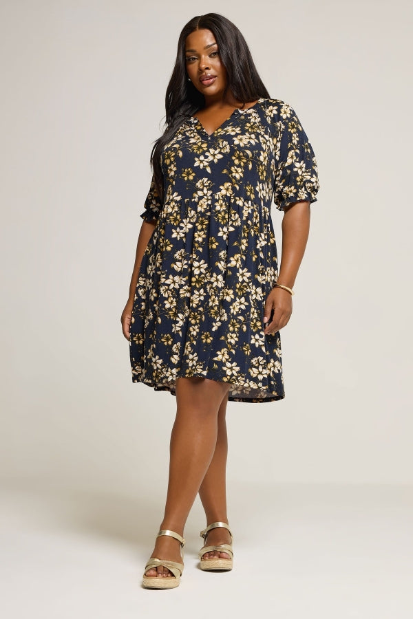 Büyük Beden V Yaka Kısa Kollu Çiçek Desenli Mini Elbise 304076 Elbise Vervegrand