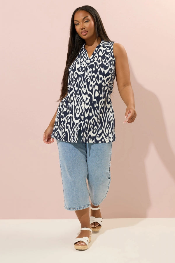 Büyük Beden Sıfır Kol Soyut Desenli Düğme Detaylı Bluz 322678 Vervegrand
