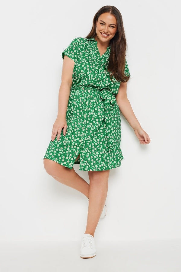 Büyük Beden Polo Yaka Kısa Kollu Çiçek Desenli Düğme Detaylı Kuşaklı Elbise 303328 Elbise Vervegrand