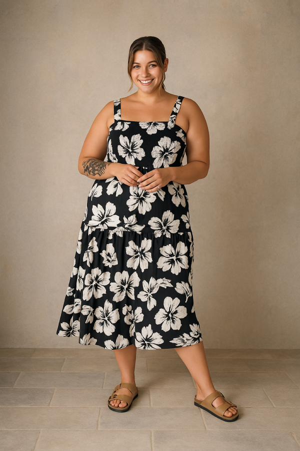 Büyük Beden Çiçek Desenli Kalın Askılı Beli Lastikli Elbise T-79 Vervegrand