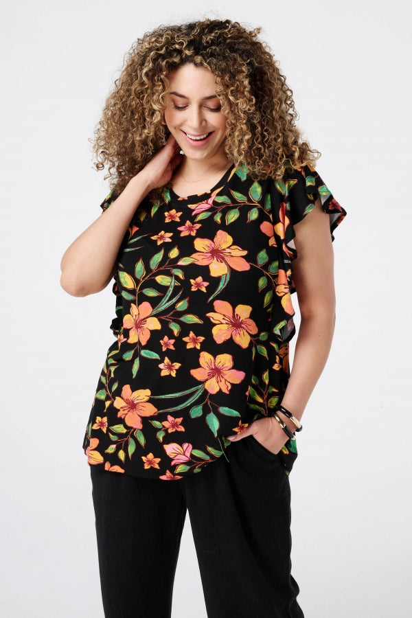 Büyük Beden Bisiklet Yaka Baskılı Kolları Fırfırlı Bluz E26414 Bluz Vervegrand