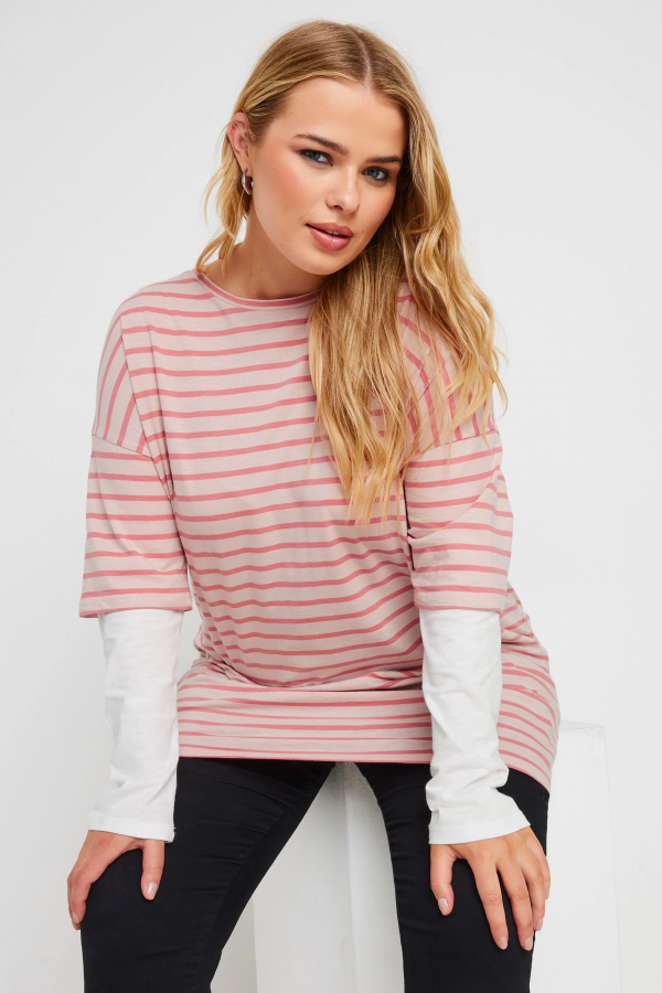 Büyük Beden Bisiklet Yaka Çift Katlı Kolları Çizgili T-shirt 303119 Vervegrand