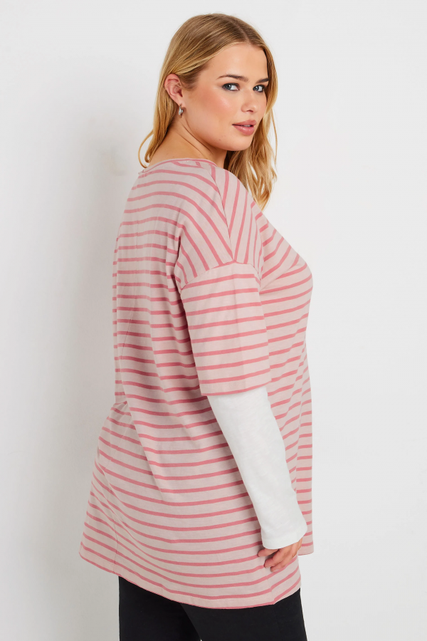 Büyük Beden Bisiklet Yaka Çift Katlı Kolları Çizgili T-shirt 303119 Vervegrand