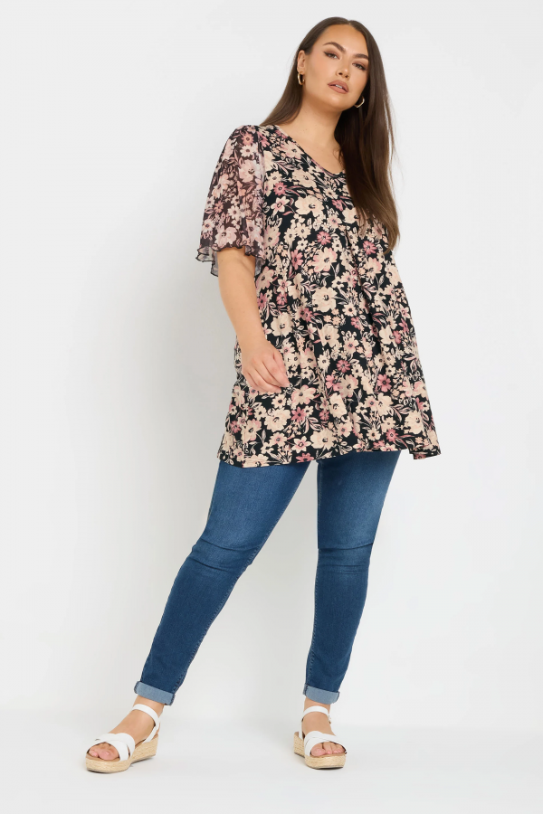 Büyük Beden Kısa Tül Kollu V Yaka Önü Pileli Bluz 321996 Vervegrand