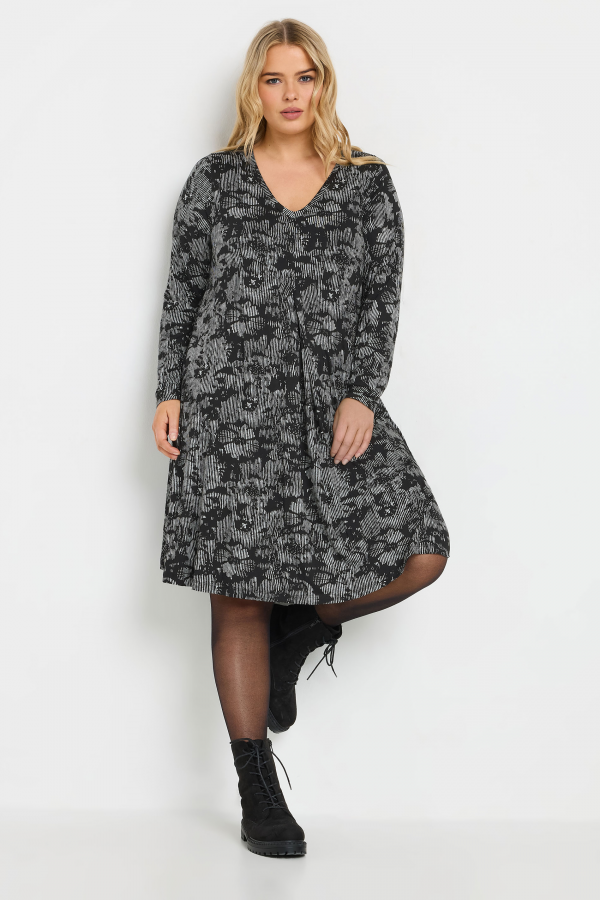 Büyük Beden V Yaka Uzun Kollu Desenli Midi Boy Elbise 137785 Vervegrand