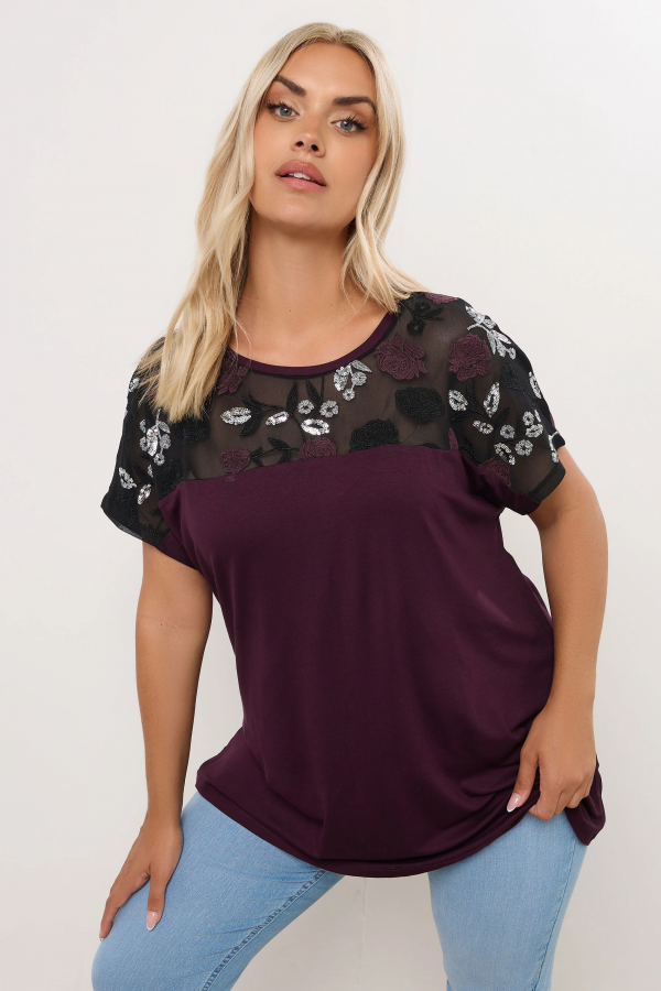 Büyük Beden Bisiklet Yaka Kısa Kollu Payet Detaylı Bluz 322209 Vervegrand