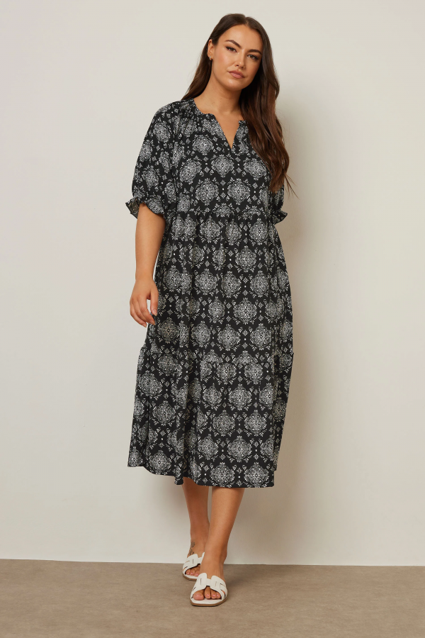 Büyük Beden V Yaka Kısa Kollu Midi Kesim Desenli Elbise 137990 Vervegrand