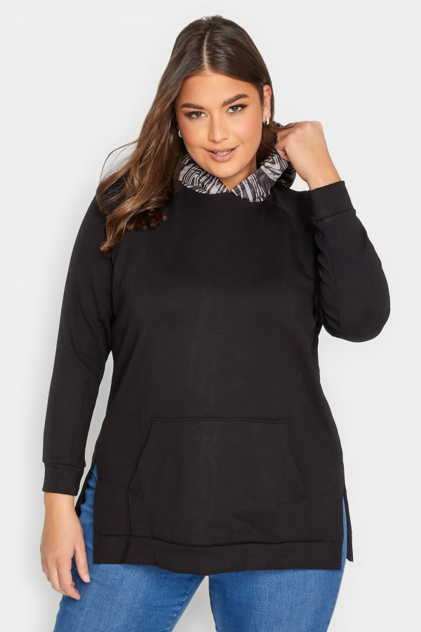 Büyük Beden Uzun Kollu Cepli Yanı Yırtmaçlı Kapüşonu Desenli Sweatshirt 300318 Vervegrand