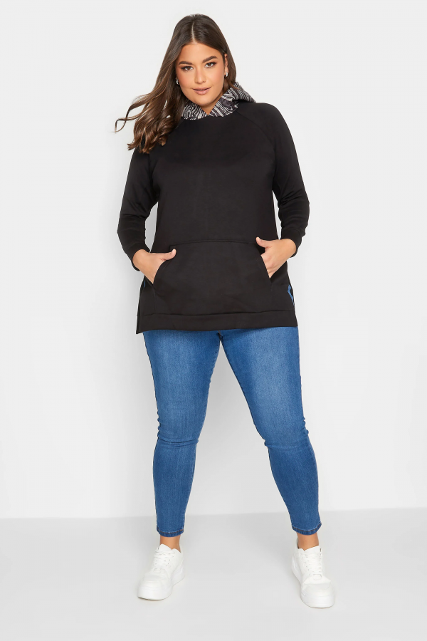 Büyük Beden Uzun Kollu Cepli Yanı Yırtmaçlı Kapüşonu Desenli Sweatshirt 300318 Vervegrand