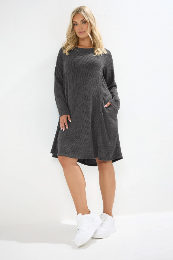 Büyük Beden Uzun Kollu Bisiklet Yaka Cepli Fitilli Elbise 304008 Vervegrand