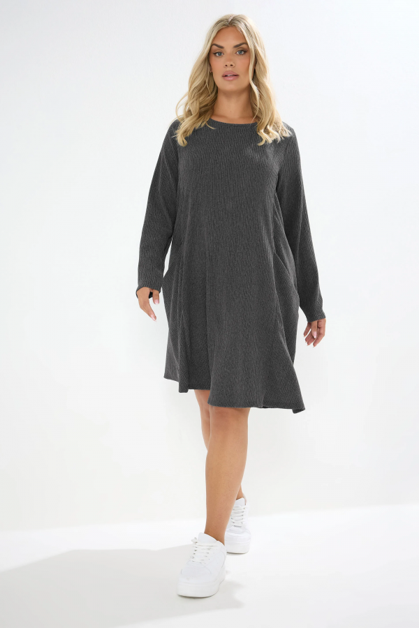 Büyük Beden Uzun Kollu Bisiklet Yaka Cepli Fitilli Elbise 304008 Vervegrand