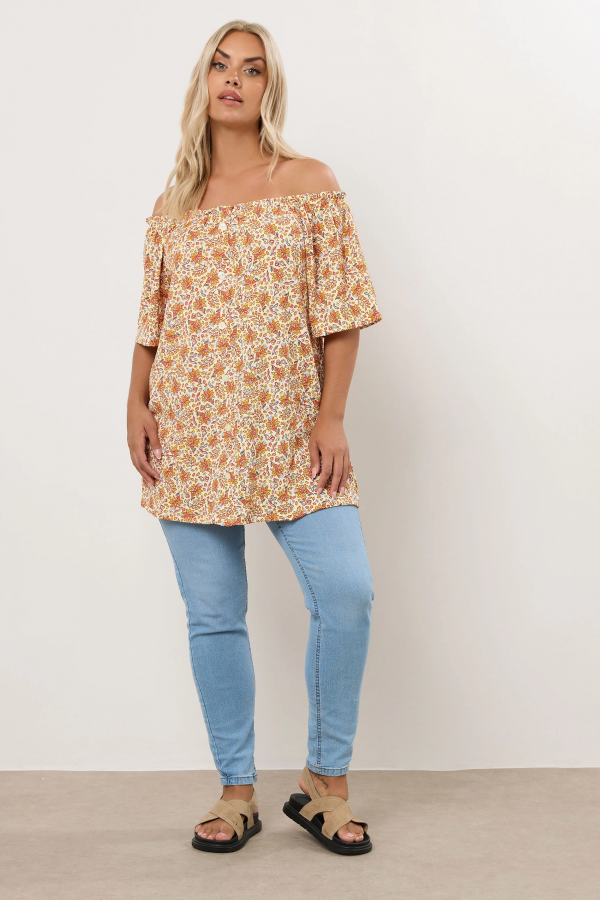 Büyük Beden Düşük Omuzlu Kısa Kollu Düğme Detaylı Desenli Bluz 322680 Vervegrand