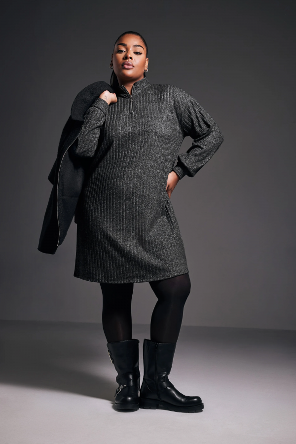 Büyük Beden Yumuşak Kumaş Yakası Fermuarlı Fitilli Tunik Elbise 322179 Vervegrand