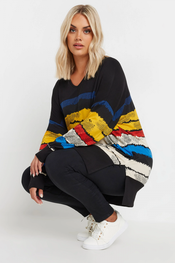 Büyük Beden V Yaka Çizgili Yanları Yırtmaçlı Uzun Kollu Bluz 302920 Vervegrand