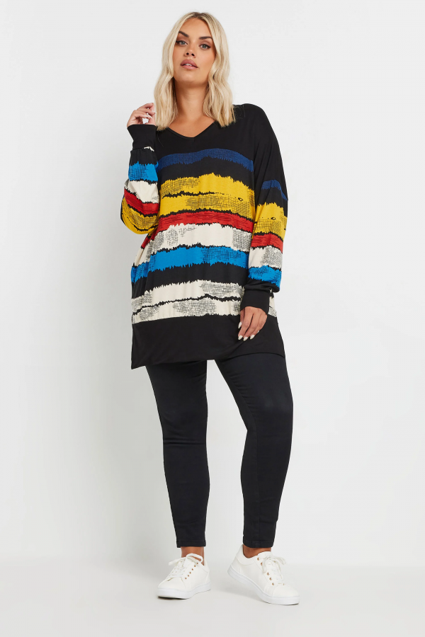 Büyük Beden V Yaka Çizgili Yanları Yırtmaçlı Uzun Kollu Bluz 302920 Vervegrand