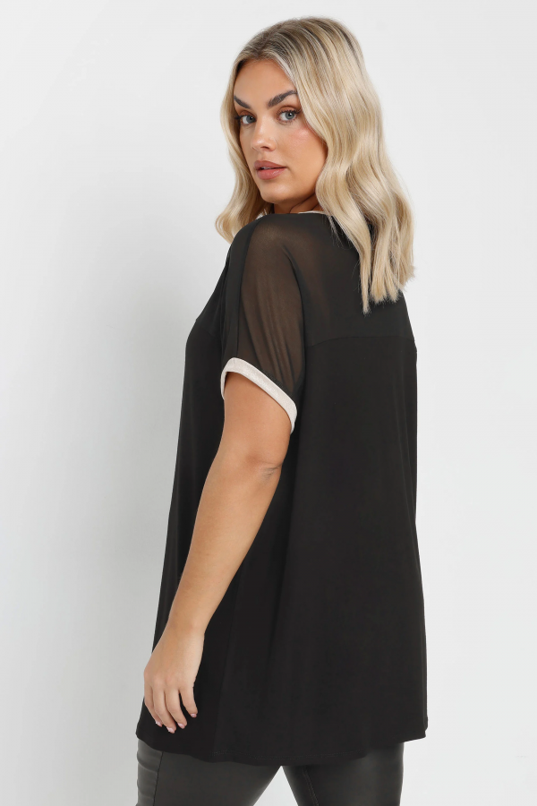 Büyük Beden Bisiklet Yaka Kısa Kollu Yakası Tül Detaylı Bluz 303847 Vervegrand