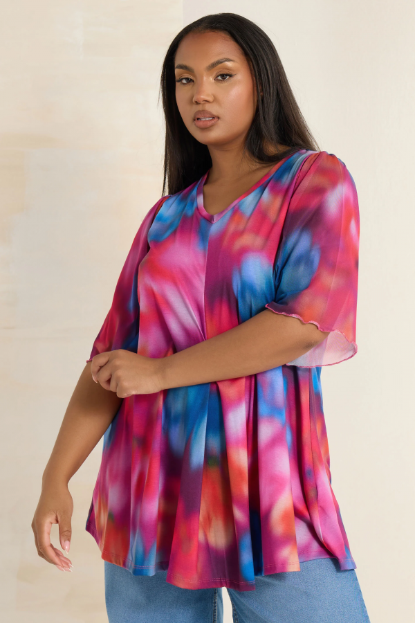 Büyük Beden Uzun Kolları Tül Detaylı Pileli V Yaka Bluz 321822 Vervegrand