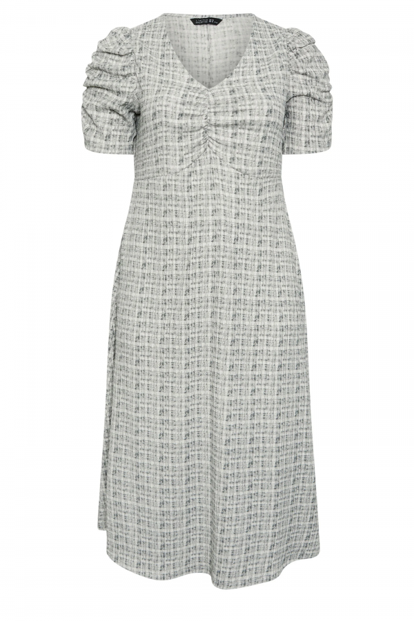 Büyük Beden V Yaka Kolları Drapeli Kare Desenli Midi Boy Elbise 137948 Vervegrand