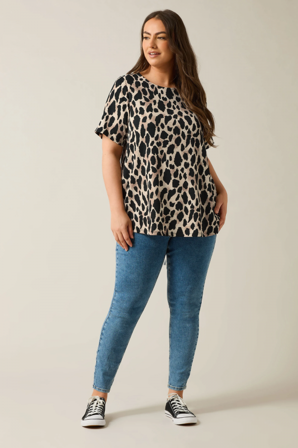 Büyük Beden Kısa Kollu Bisiklet Yaka Leopar Desenli Bluz 616006 Vervegrand