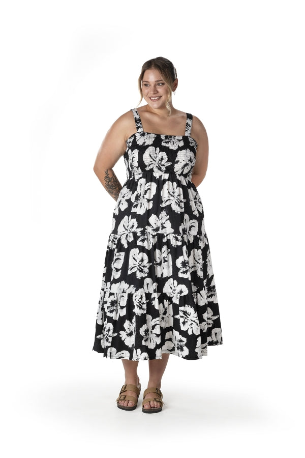 Büyük Beden Çiçek Desenli Kalın Askılı Beli Lastikli Elbise T-79 Vervegrand