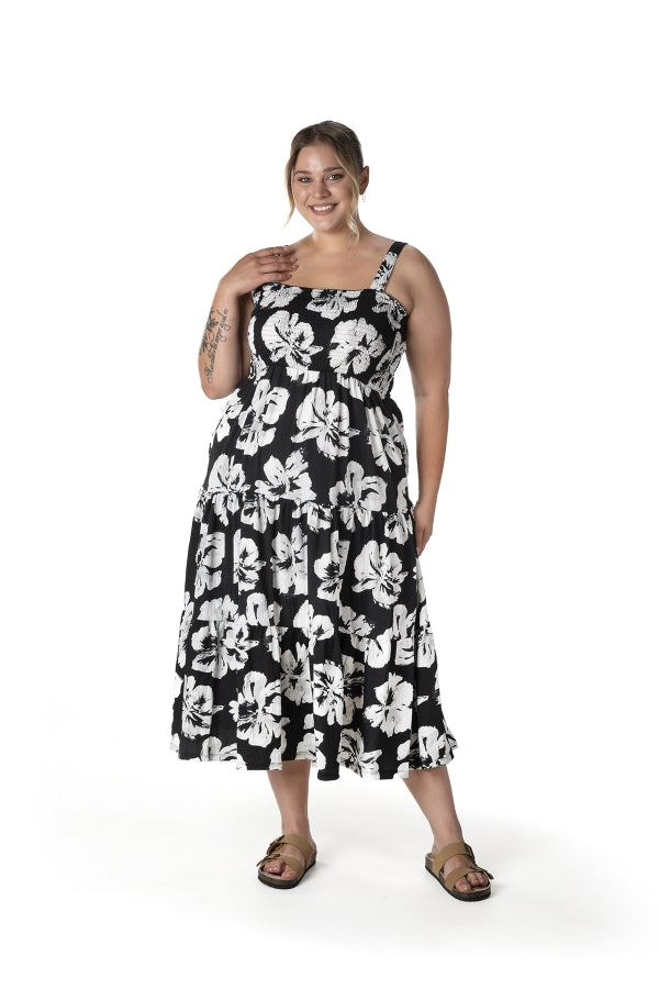 Büyük Beden Çiçek Desenli Kalın Askılı Beli Lastikli Elbise T-79 Vervegrand