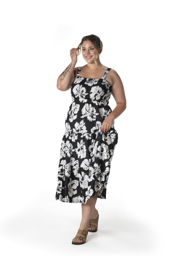 Büyük Beden Çiçek Desenli Kalın Askılı Beli Lastikli Elbise T-79 Vervegrand