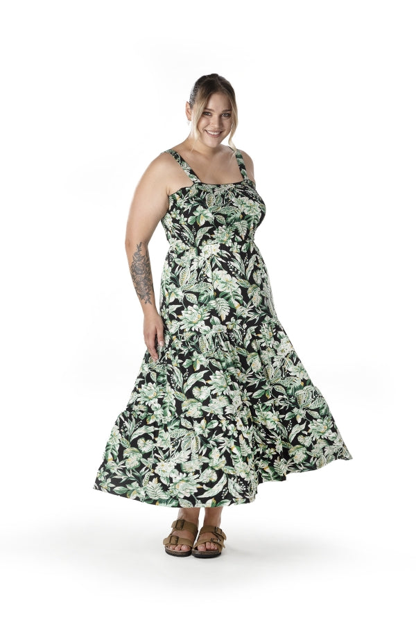 Büyük Beden Çiçek Desenli Kalın Askılı Beli Lastikli Elbise T-82 Vervegrand