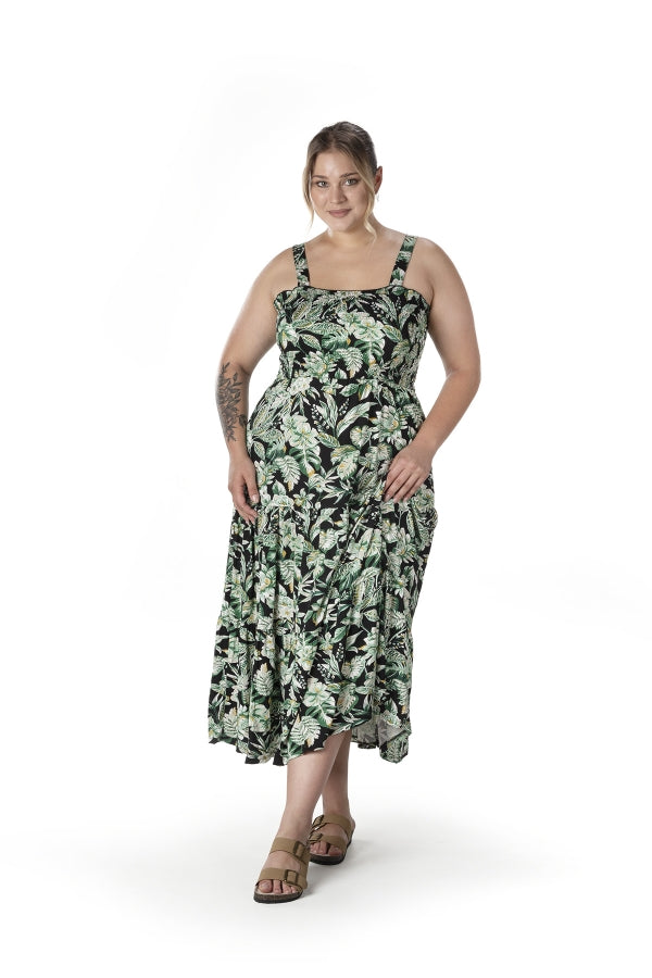 Büyük Beden Çiçek Desenli Kalın Askılı Beli Lastikli Elbise T-82 Vervegrand