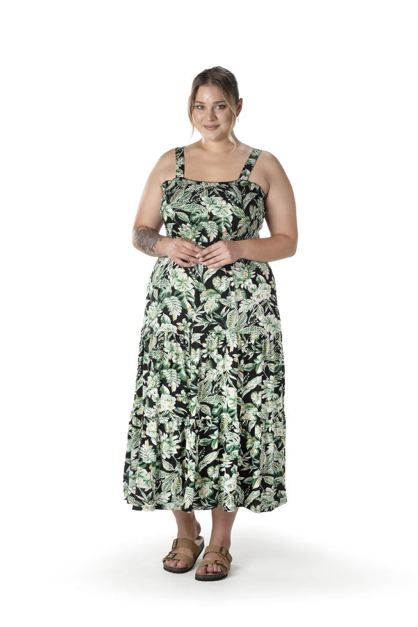 Büyük Beden Çiçek Desenli Kalın Askılı Beli Lastikli Elbise T-82 Vervegrand