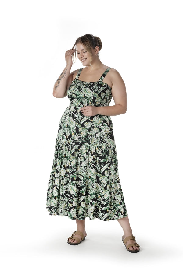 Büyük Beden Çiçek Desenli Kalın Askılı Beli Lastikli Elbise T-82 Vervegrand