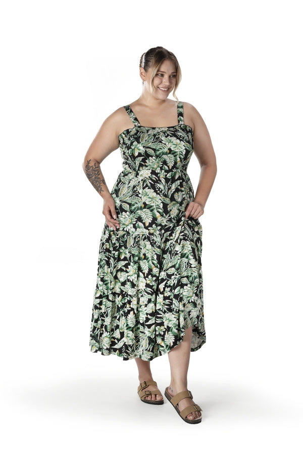 Büyük Beden Çiçek Desenli Kalın Askılı Beli Lastikli Elbise T-82 Vervegrand