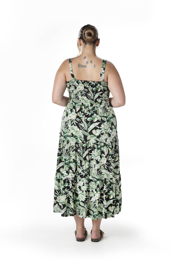 Büyük Beden Çiçek Desenli Kalın Askılı Beli Lastikli Elbise T-82 Vervegrand