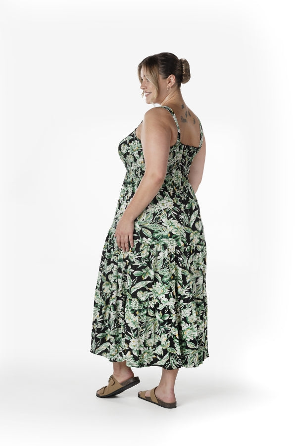 Büyük Beden Çiçek Desenli Kalın Askılı Beli Lastikli Elbise T-82 Vervegrand