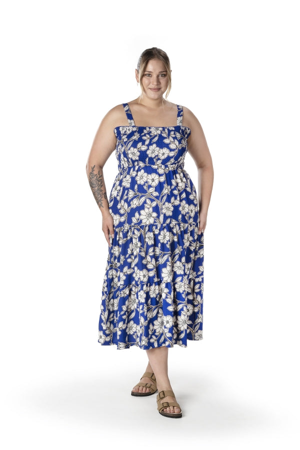 Büyük Beden Çiçek Desenli Kalın Askılı Beli Lastikli Elbise T-80 Vervegrand