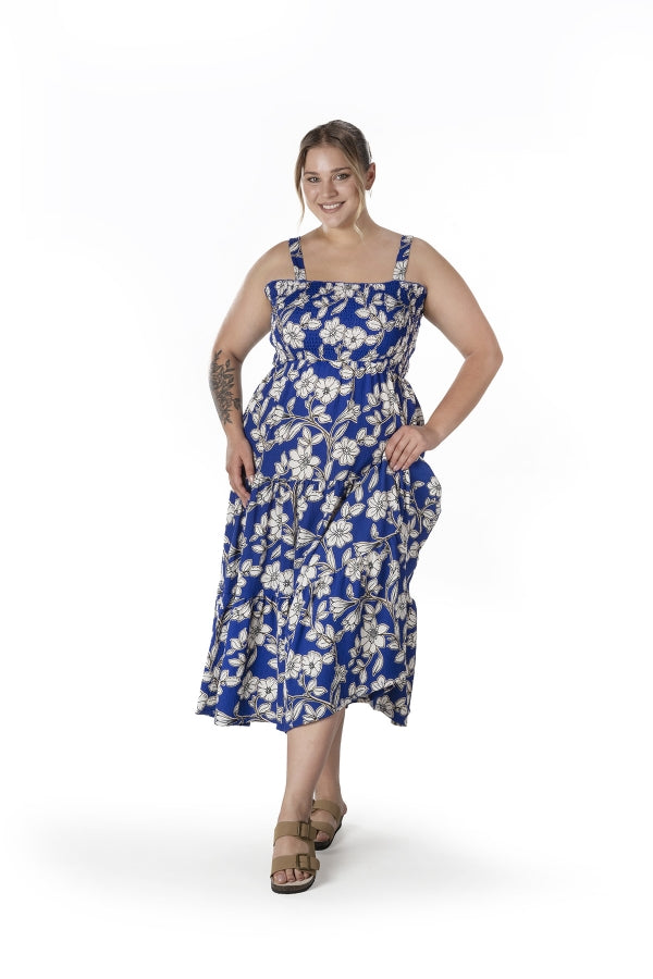 Büyük Beden Çiçek Desenli Kalın Askılı Beli Lastikli Elbise T-80 Vervegrand