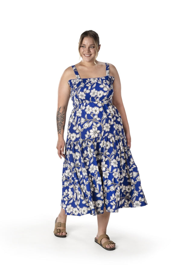 Büyük Beden Çiçek Desenli Kalın Askılı Beli Lastikli Elbise T-80 Vervegrand