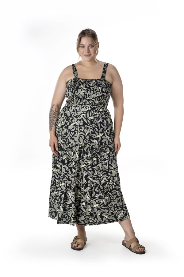 Büyük Beden Çiçek Desenli Kalın Askılı Beli Lastikli Elbise T-81 Vervegrand