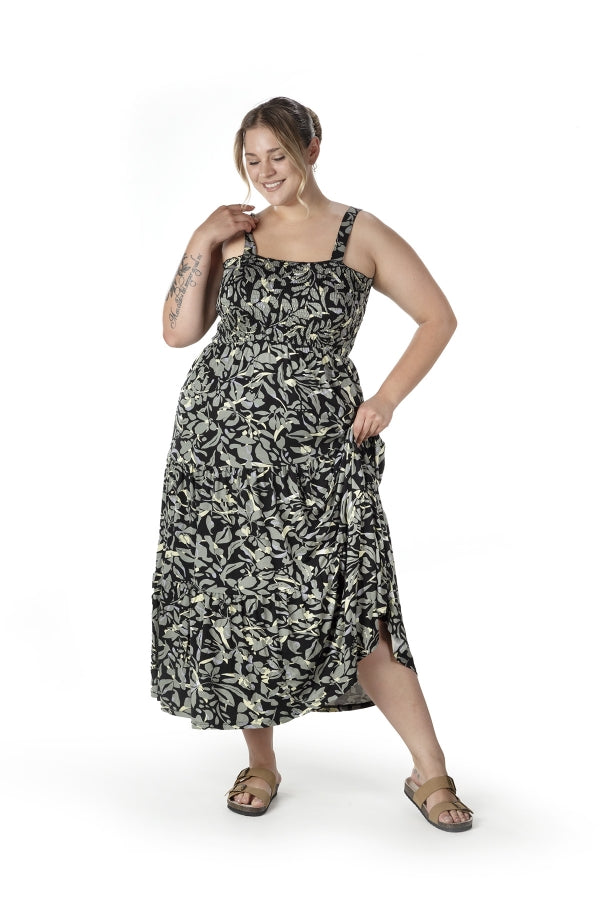 Büyük Beden Çiçek Desenli Kalın Askılı Beli Lastikli Elbise T-81 Vervegrand