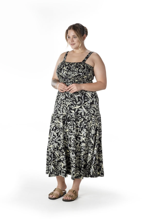 Büyük Beden Çiçek Desenli Kalın Askılı Beli Lastikli Elbise T-81 Vervegrand