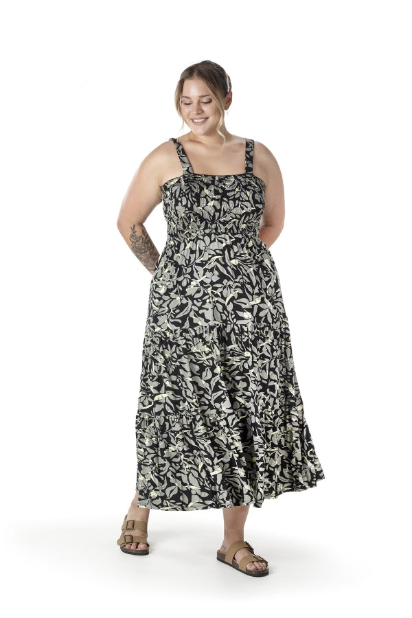 Büyük Beden Çiçek Desenli Kalın Askılı Beli Lastikli Elbise T-81 Vervegrand