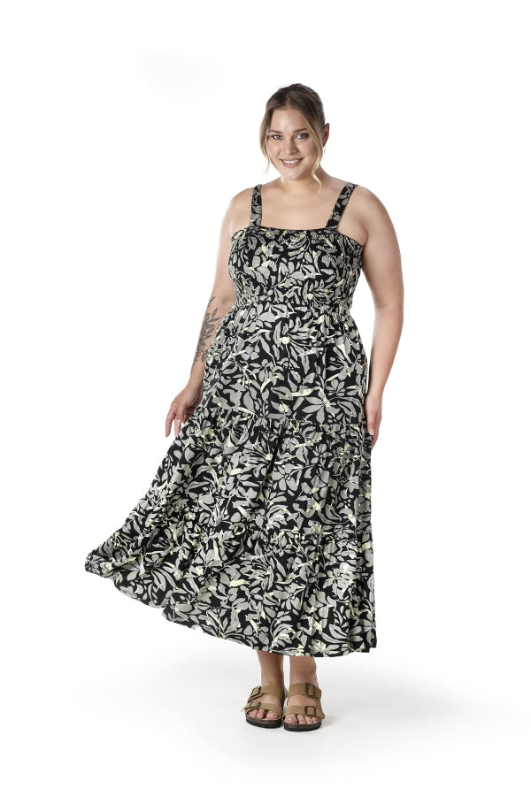 Büyük Beden Çiçek Desenli Kalın Askılı Beli Lastikli Elbise T-81 Vervegrand